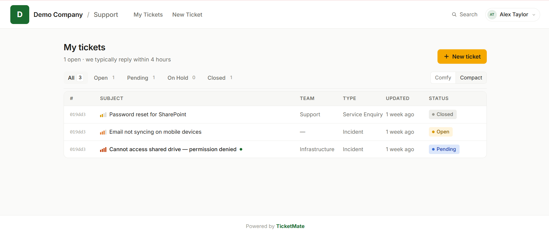 Customer portal: my tickets list with status, priority, and last-updated at a glance